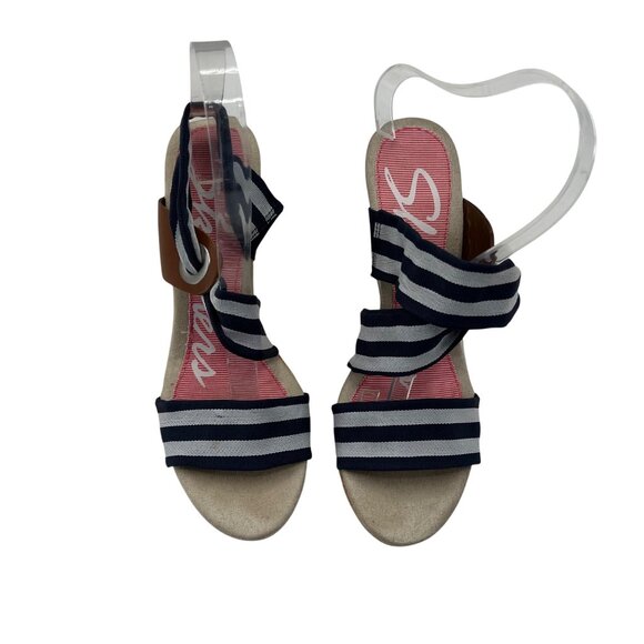 Skechers Womens Size 9 Navy Stripe Cork Platform Wedge Sandals Elastic Straps - Picture 7 of 9